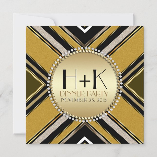 Convite de Jantar Art Déco em Dourado e Verde Oliv (Frente)