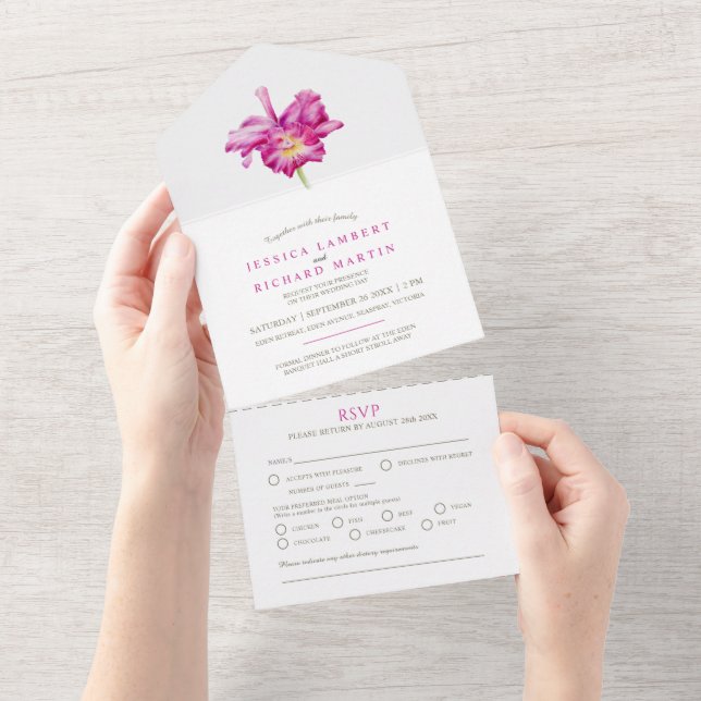 Convite de jantar com flor de orquídea rosa para c (Aba destacável)