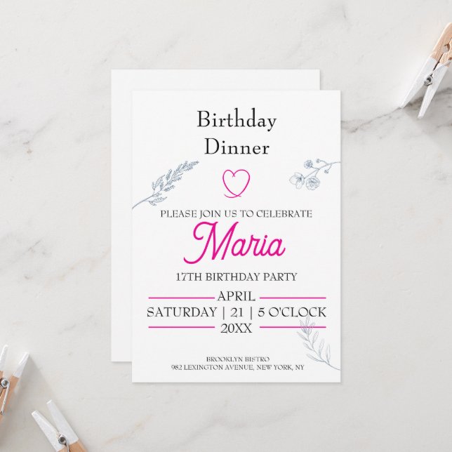 Convite de Jantar de Aniversário Coração Rosa Mini (Frente/Verso In Situ)