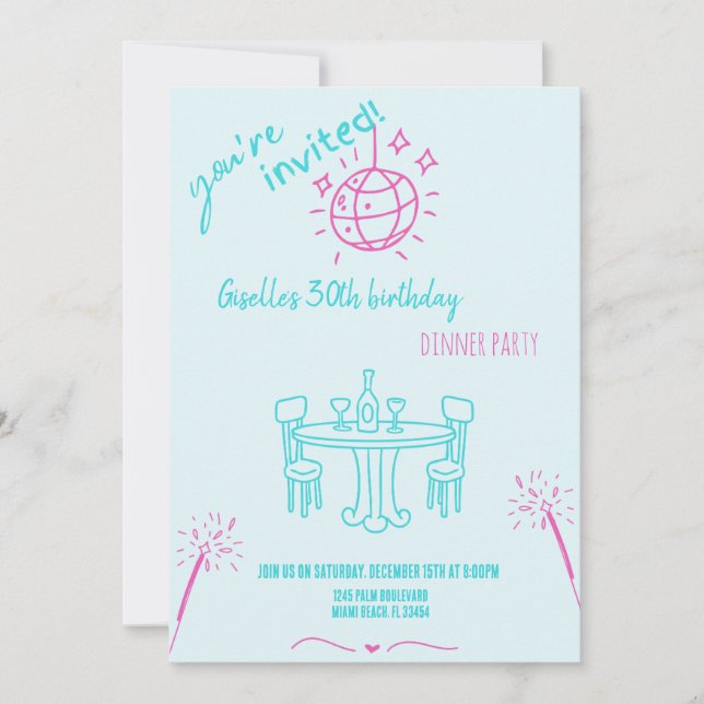 Convite de jantar de aniversário moderno desenhado (Frente)