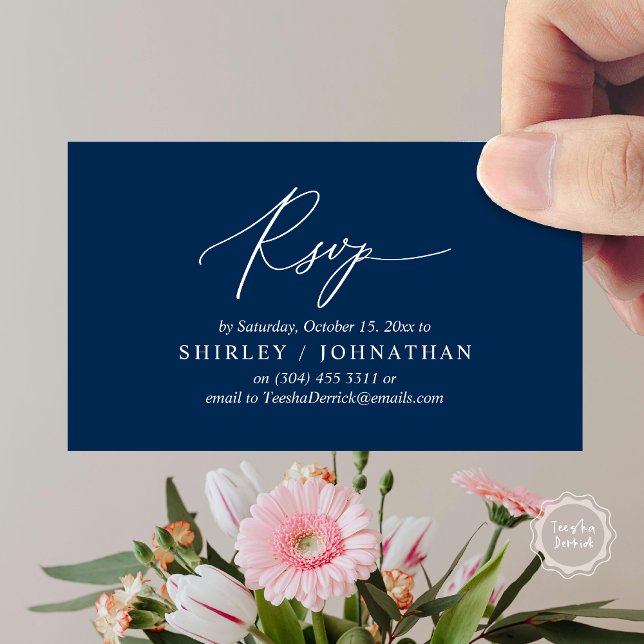 Convite de Jantar de Casamento com RSVP Romântico  (Modern Romantic RSVP Wedding Dinner Invitation Enclosed Reminder Online Email Card, Navy Blue)