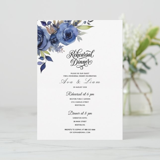 Convite de jantar de ensaio floral azul marinho (Em pé/Frente)