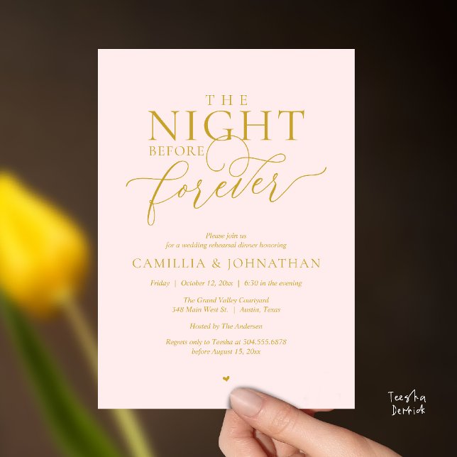 Convite de Jantar de Ensaios “A Noite Antes do Par (“The Night Before Forever” Blush & Gold Rehearsal Invitation Card)