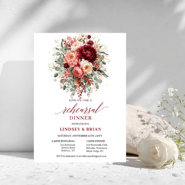 Convite de Jantar de Ensaios Boho Vermelho Profund (Glowing Deep Red Boho Rehearsal Dinner Invitation

)
