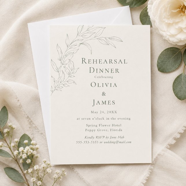 Convite de Jantar de Ensaios Botânico em Sage Mode (Modern Sage Botanical Rehearsal Dinner Invitation on an elegant table with tiny flowers)