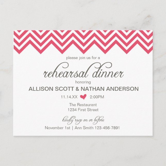 Convite de Jantar de Ensaios Chevron Rosa Postcard (Frente)