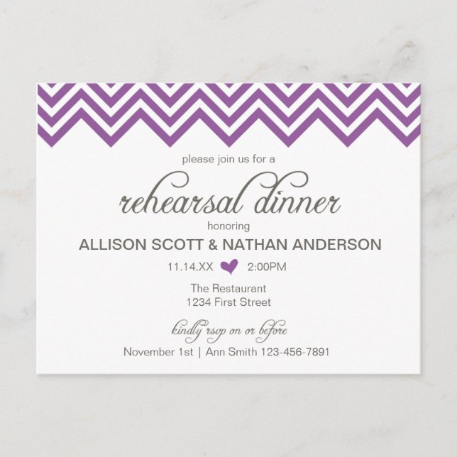 Convite de Jantar de Ensaios Chevron Roxo Postcard (Frente)