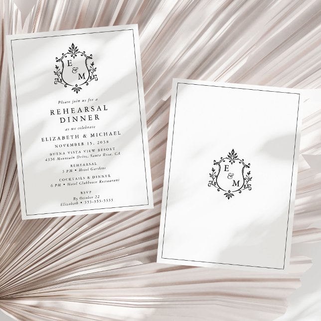 Convite de Jantar de Ensaios de Casamento com Bras (Elegant Wedding Crest Monogram Rehearsal Dinner Invitation)