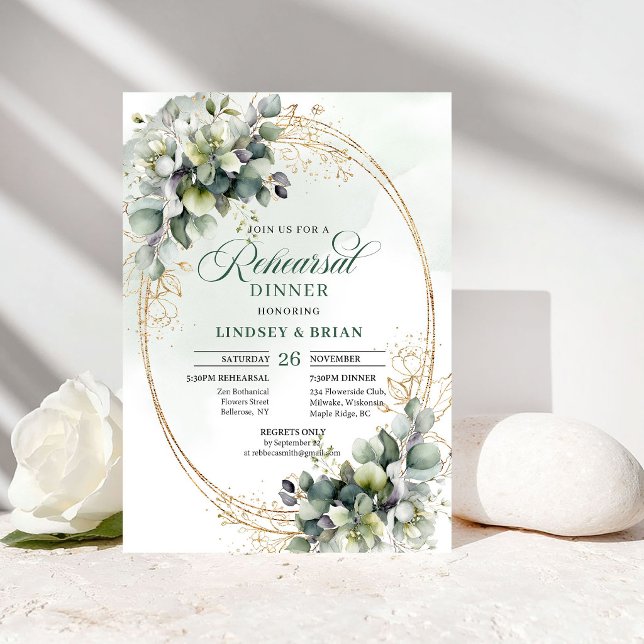 Convite de Jantar de Ensaios em Aquarela Verde Dou (Watercolor Greenery Gold Rehearsal Dinner Invite)