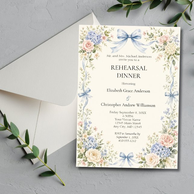 Convite de Jantar de Ensaios Florais Aquarela Rosa (Blue Coquette Bow, Pink Blue Watercolor Florals Elegant Formal Wedding Rehearsal dinner invitation)