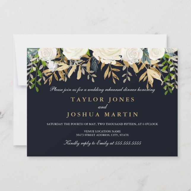 Convite de Jantar de Ensaios Florais Navy Gold (Frente)