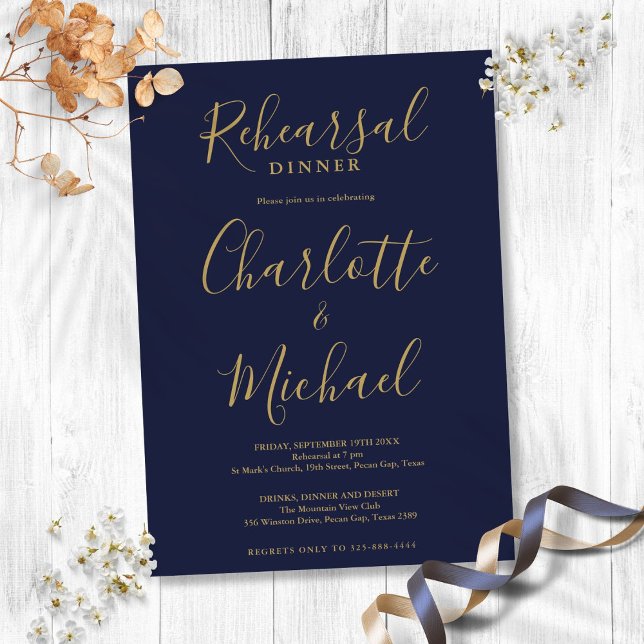 Convite de Jantar de Ensaios Navy Blue Gold (Signature Script Navy Blue Gold Rehearsal Dinner Invitation)