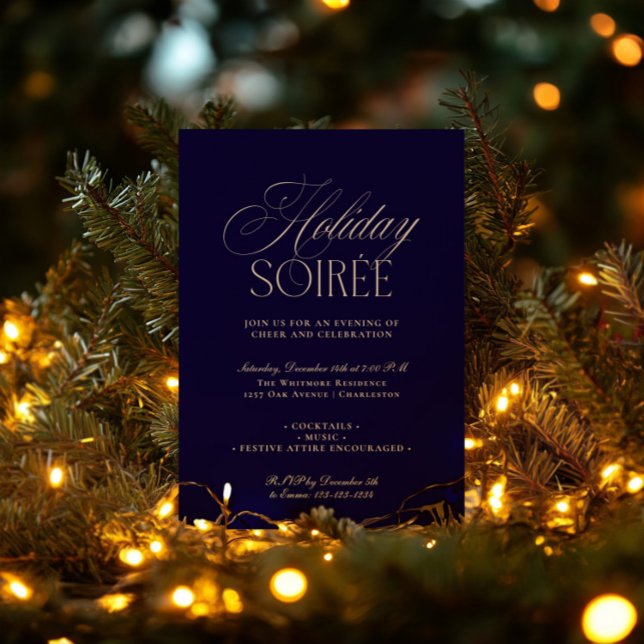 Convite de jantar de festa de Natal em azul escuro (Elegant Dark Blue Holiday Dinner Party Invitation)