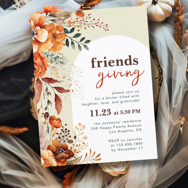 Convite de jantar de Friendsgiving com arco floral (Criador carregado)