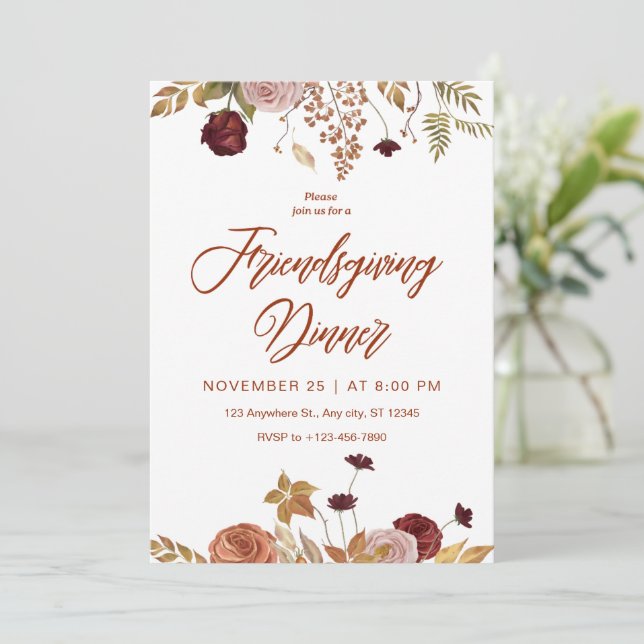 Convite de Jantar de Friendsgiving Floral Estético (Em pé/Frente)