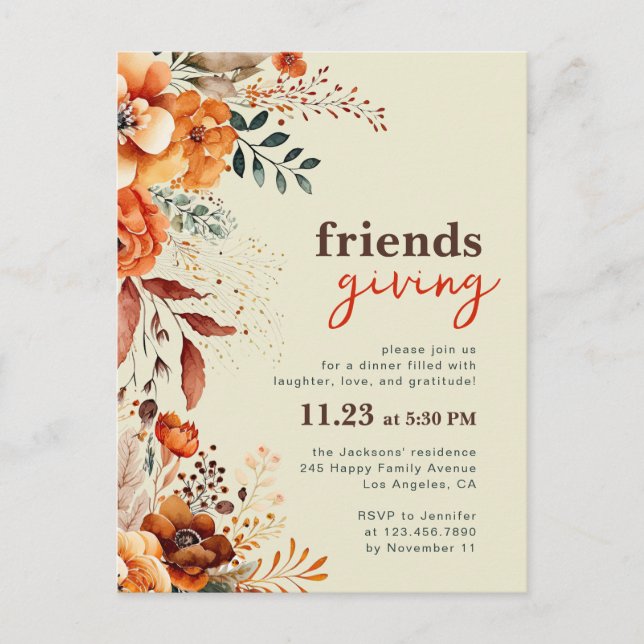 Convite de jantar de Friendsgiving floral outonal  (Frente)