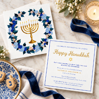 Convite de Jantar de Hanukkah Menorá Floral Elegan