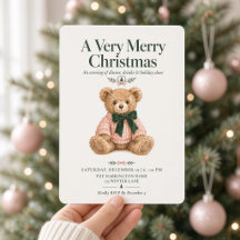 Convite de Jantar de Natal Teddy Bear Rosa Verde