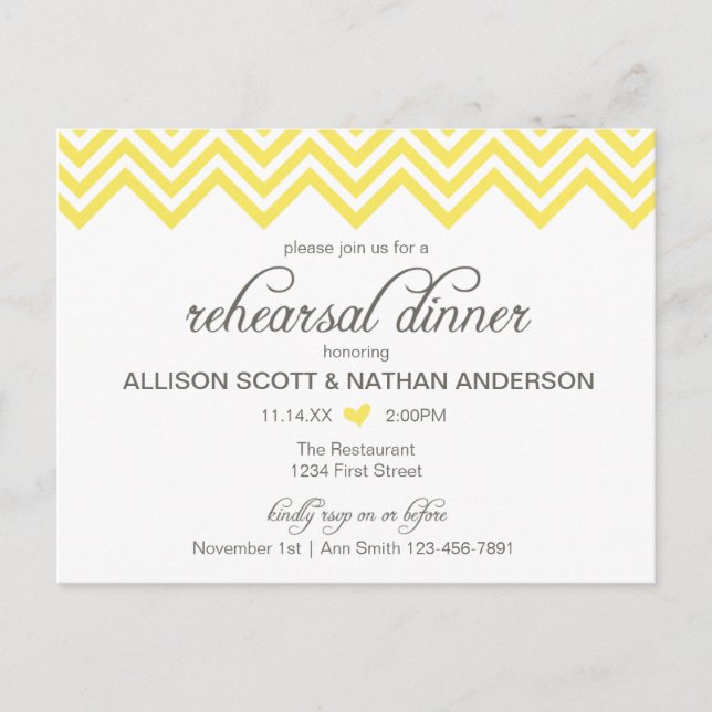 Convite de Jantar de Rehearsal Chevron Amarelo Pos (Frente)