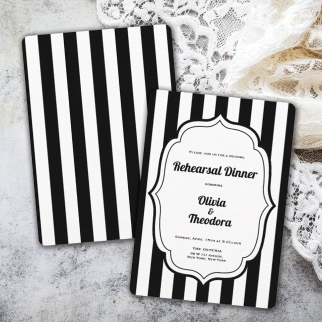 Convite de Jantar de Rehearsal de Listra Moderna V (vintage modern elegant black and white stripe rehearsal dinner invitation)
