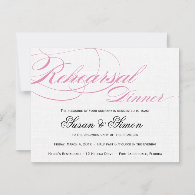 Convite de Jantar de Rehearsal Elegant Script Rosa (Frente)