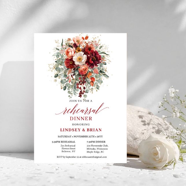Convite de Jantar de Rehearsal Floral Borgonha Enc (Enchanting Burgundy Floral Rehearsal Dinner Invitation

)