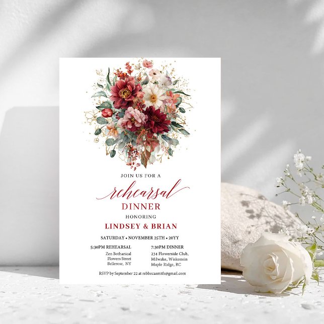 Convite de Jantar de Rehearsal Outono Burgundy Ate (Timeless Burgundy Autumn Rehearsal Dinner Invitation

)