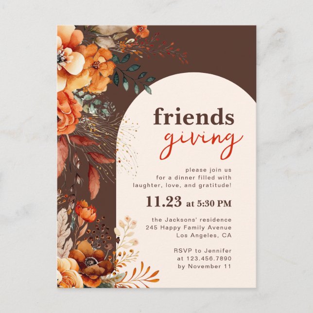 Convite de jantar Friendsgiving floral outonal (Frente)