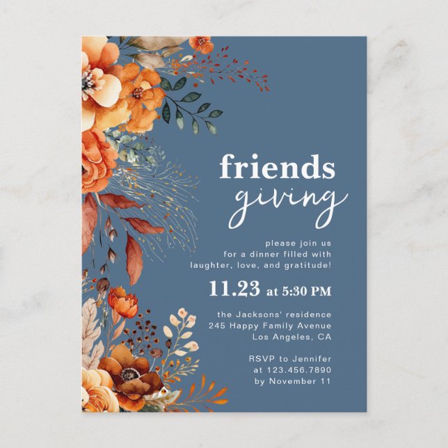 Convite de jantar Friendsgiving floral outonal (Frente)