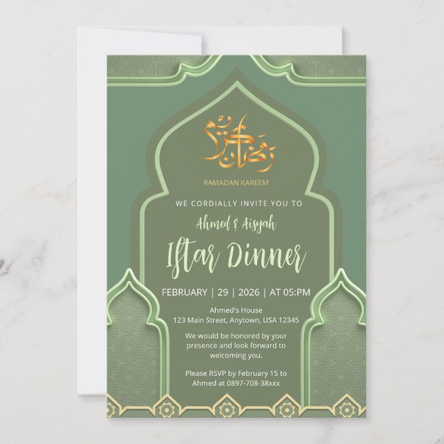 Convite de Jantar Iftar com Arco Islâmico Verde Sá (Frente)