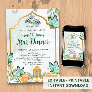 Convite de Jantar Iftar Elegante Aquarela Ramadan