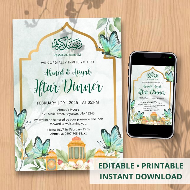 Convite de Jantar Iftar Elegante Aquarela Ramadan (Criador carregado)