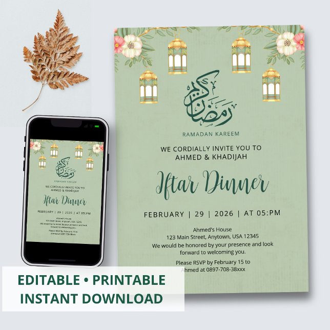 Convite de Jantar Iftar Floral Elegante do Ramadão (Criador carregado)