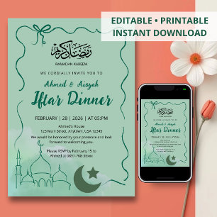 Convite de Jantar Iftar Mesquita Aquarela Verde Sá