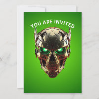 Convite de Jogo Cyberpunk Mecha Skull Verde Neon