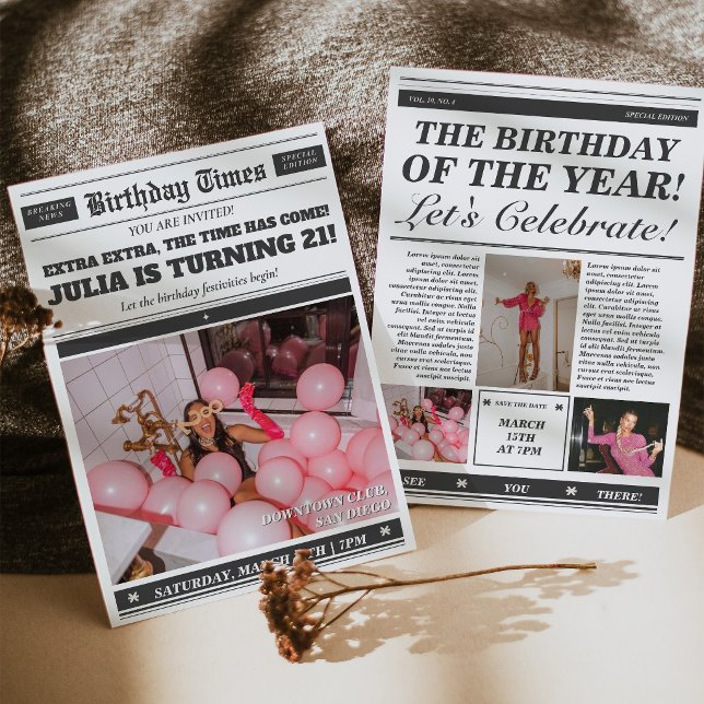 Convite de Jornal de Aniversário Convite de 21º An (Birthday Newspaper Invitation 21st Birthday Invite)