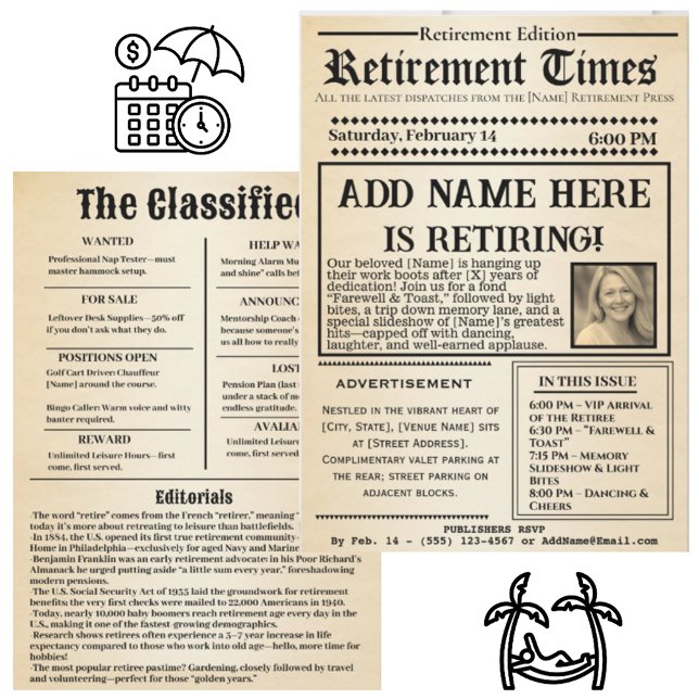 Convite de Jornal “Retirement Times” Vintage (Criador carregado)