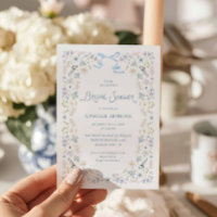 Convite de Laço para Brunch de Noiva Floral Azul e