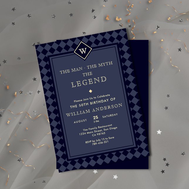 Convite de Legenda do Monograma Azul e Dourado do  (Modern Navy Blue & Gold Monogram Legend Invitation)