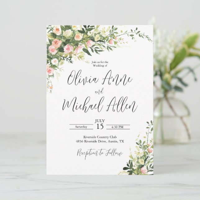 Convite de Letra Floral Rosa em Aquarela (Em pé/Frente)