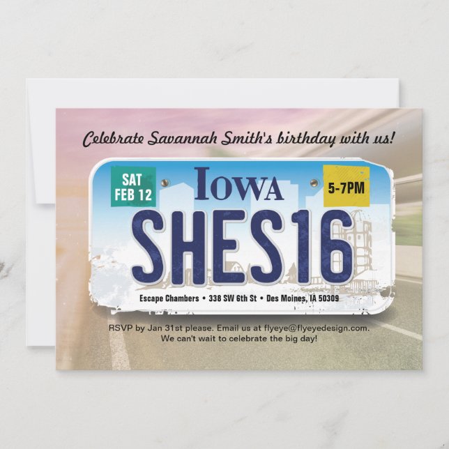 Convite de Licença de Iowa para 16 de aniversário (Frente)
