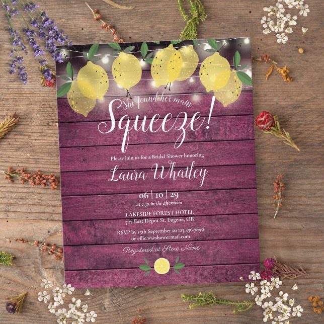 Convite de Limão de Madeira Vermelha para Chá de N (Budget Bridal Shower Squeeze Red Wood Lemon Invite)