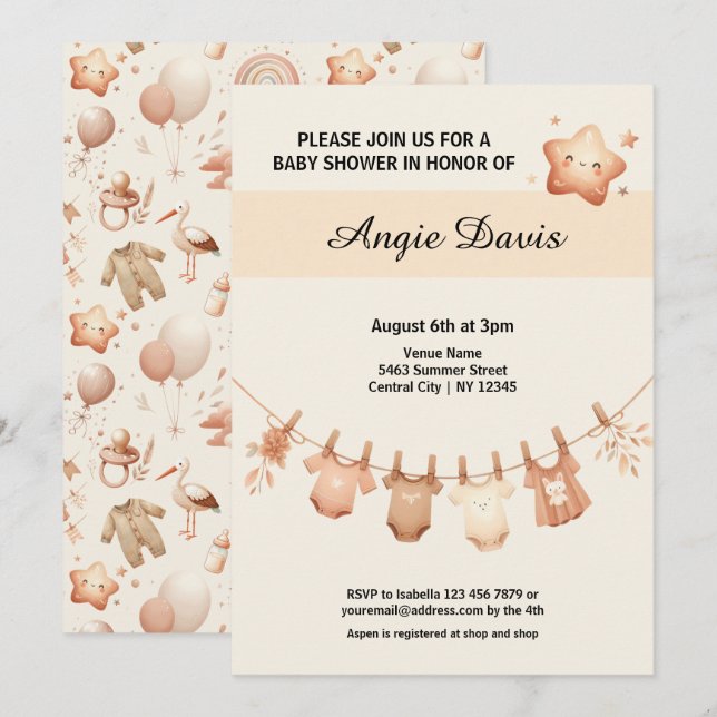 Convite de linha de roupas de Chá de fraldas branc (Frente/Verso)