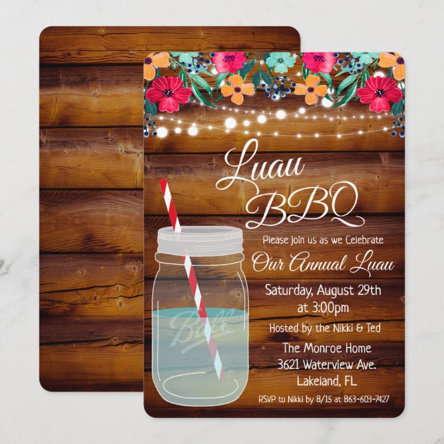 Convite de Luau Aloha em Pote de Pedra (Frente/Verso)