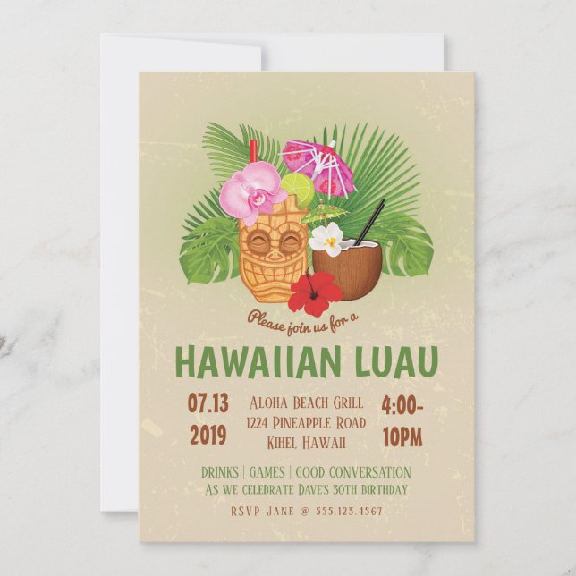 Convite de Luau de Aniversário Tiki Havaiano (Frente)