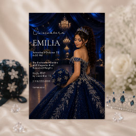 Convite de Luxo Azul Marinho e Prata para Quinceañ