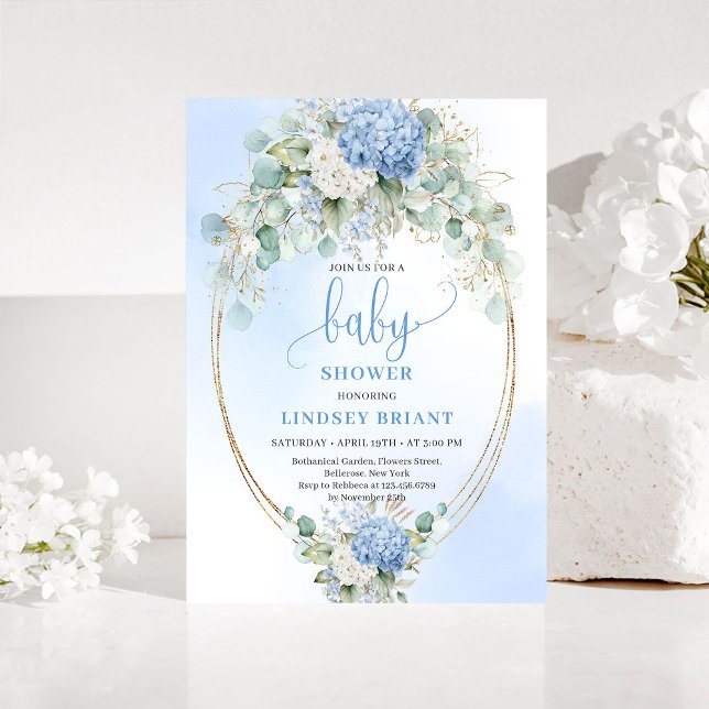 Convite de Luxo Azul para Chás de Bebê com Hidrang (Luxury Blue Hydrangea Baby Shower Gold Invitation)