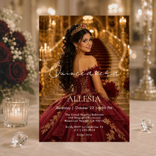 Convite de Luxo Burgundy Dourado para Quinceañera