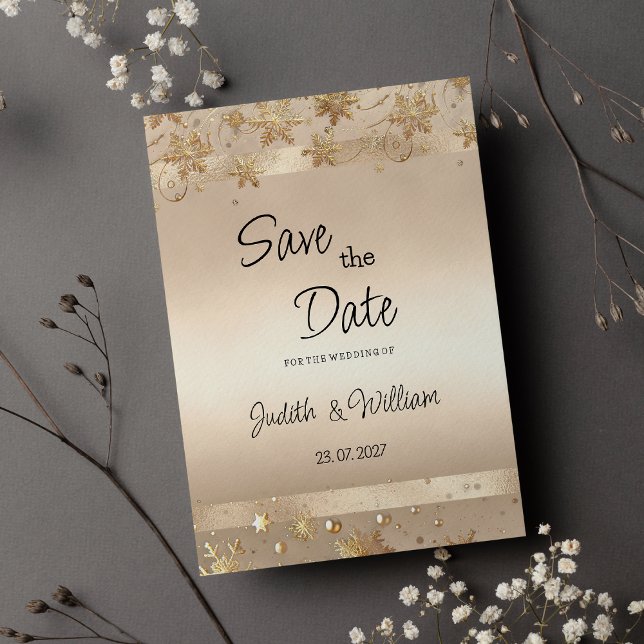Convite de Luxo Champagne Flocos de Neve Dourados  (Champagne Golden Snowflakes Luxury Save the Date)