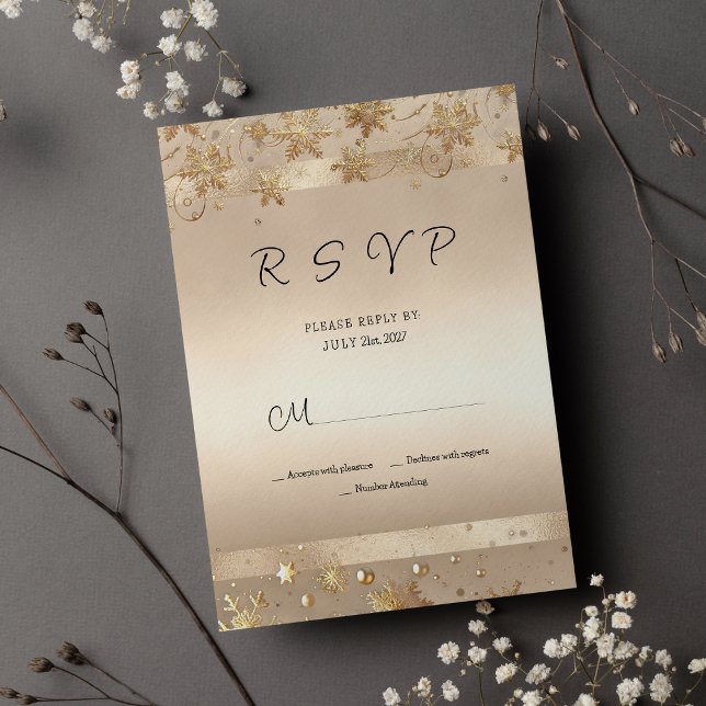 Convite de Luxo Champanhe Flocos de Neve Dourados  (Champagne Golden Snowflakes Luxury RSVP)